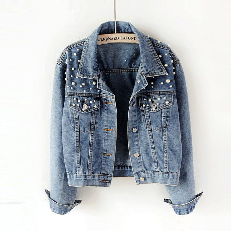 Denim Jacket Women's Girl Plus Size Women's Beaded Diamond Coat Women's Student Light Blue Jacket Loose
