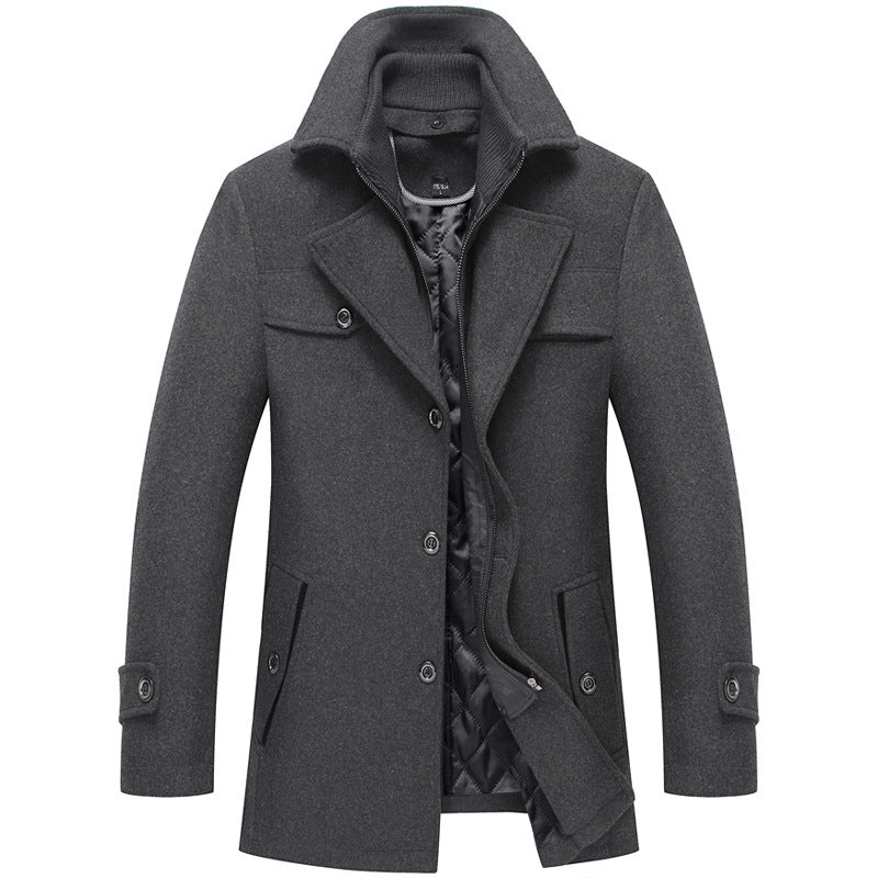 2020 Cross-border AliExpress Hot Style Men's Double-collar Woolen Middle-aged Cotton Padded Thick Solid Color Fine Imitation Woolen Coat