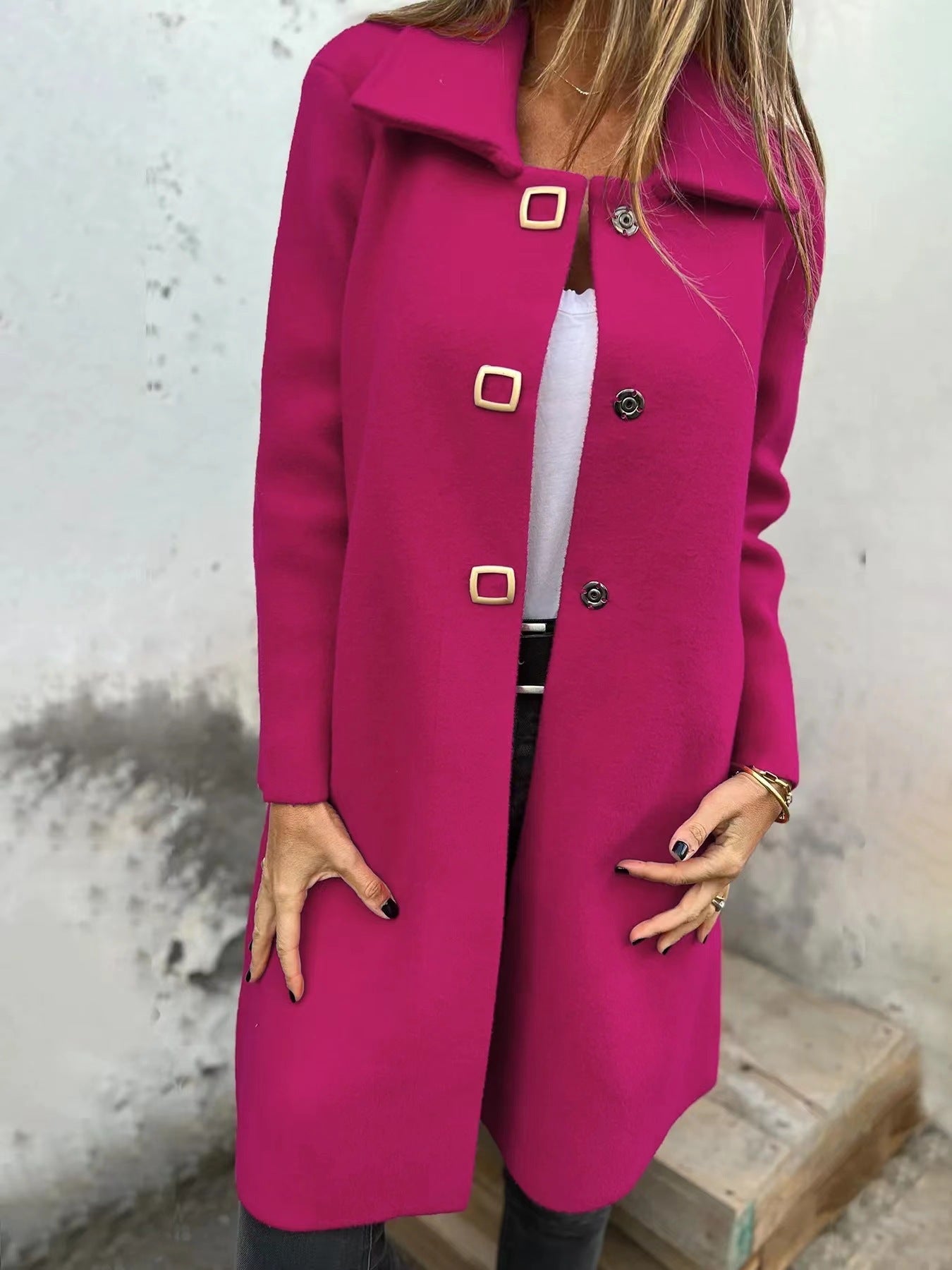 Women's Solid-color Mid-length Wool Coat With A Single-breasted Design