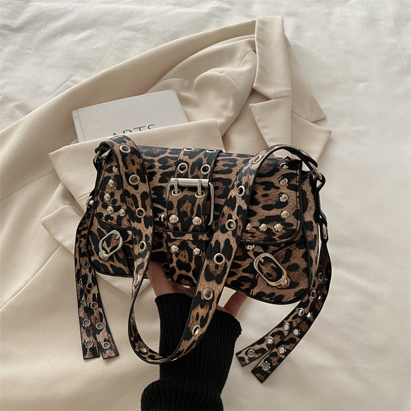 Leopard Print Personalized Design Motorcycle Shoulder Crossbody Underarm Baguette Women's Bag