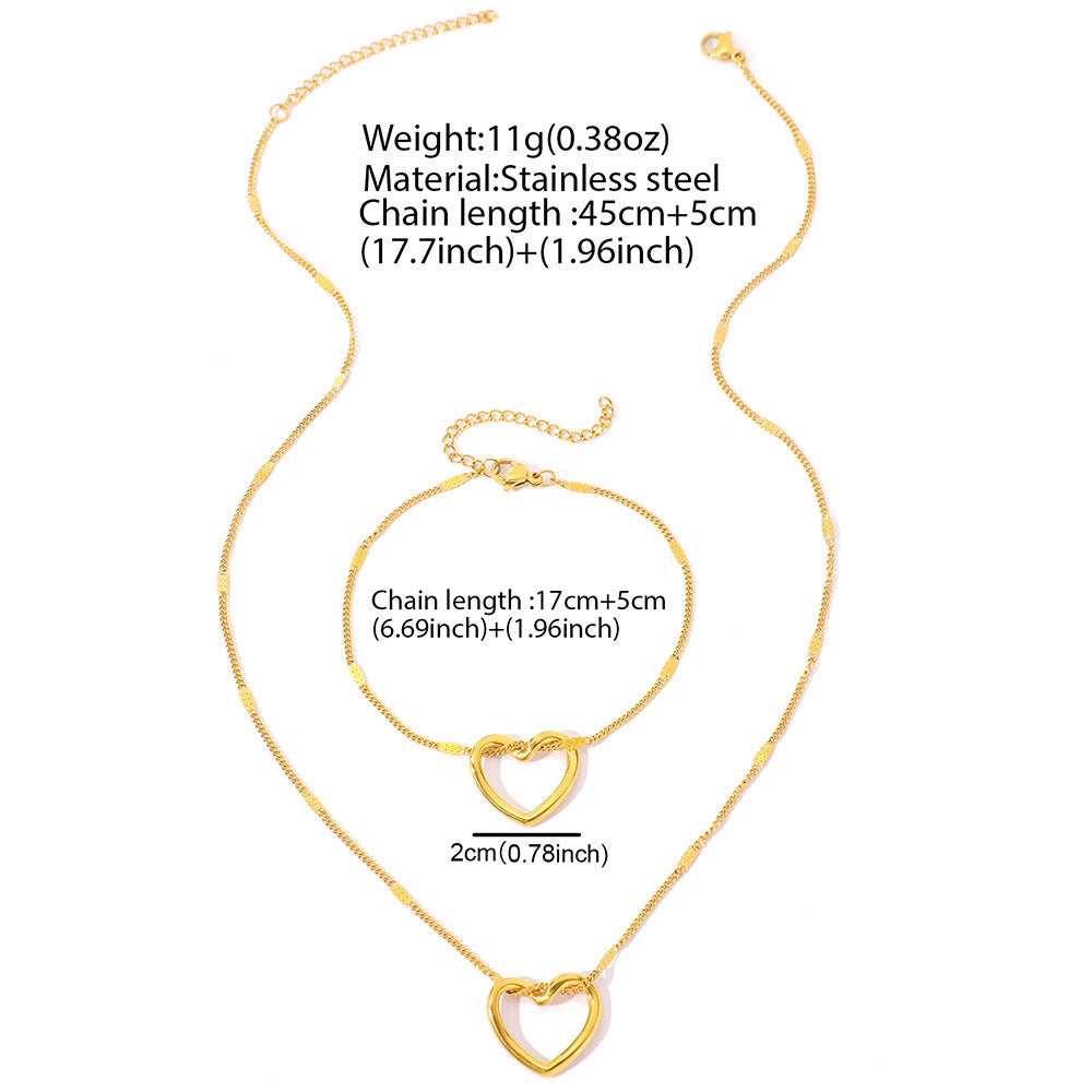 Stainless Steel Hollow Heart Necklace And Bracelet Set