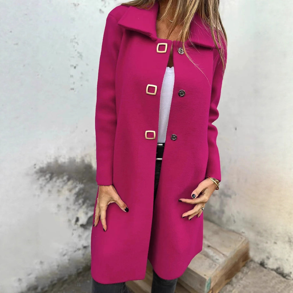 Women's Solid-color Mid-length Wool Coat With A Single-breasted Design