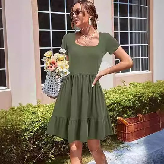 Women's Summer Dresses Short Sleeve Square Neck Dress Casual Beach Vacation A-Line Pleated Tank Top