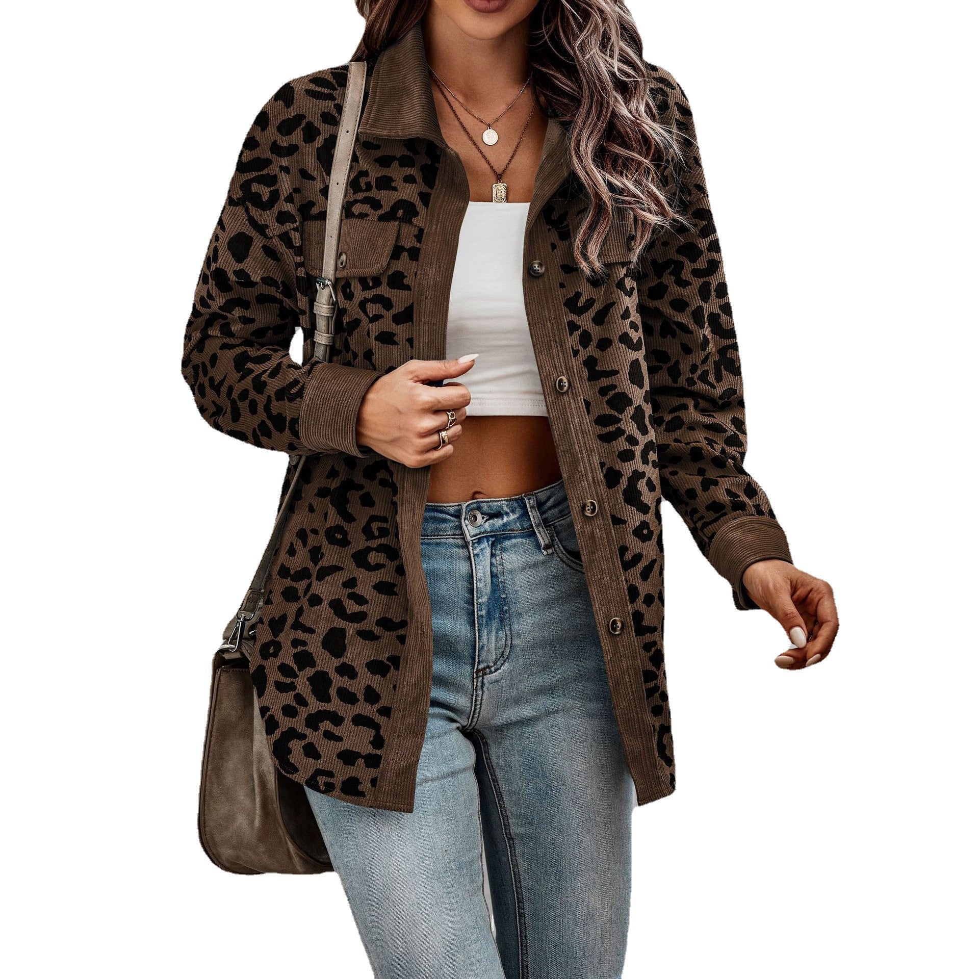 Women's Clothing Autumn And Winter Fashion Leopard Print Button Long-sleeved Jacket Jacket Women