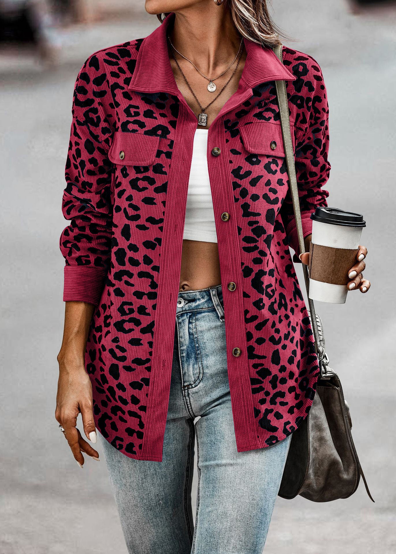 Women's Clothing Autumn And Winter Fashion Leopard Print Button Long-sleeved Jacket Jacket Women
