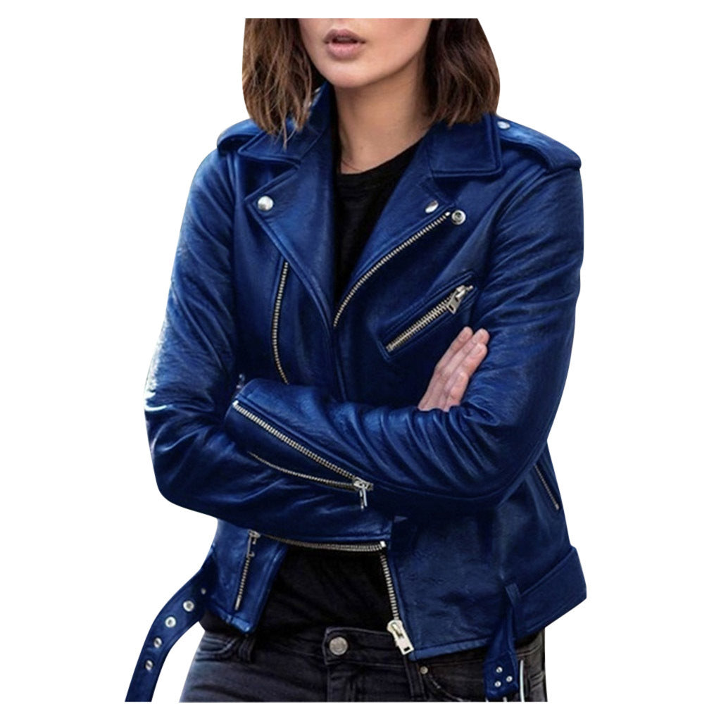 Cross-border Spring And Autumn Plus Size Women's Short Women's Leather Jacket European And American PU Motorcycle Wear Slim Winter Clothes Wallet Overcome