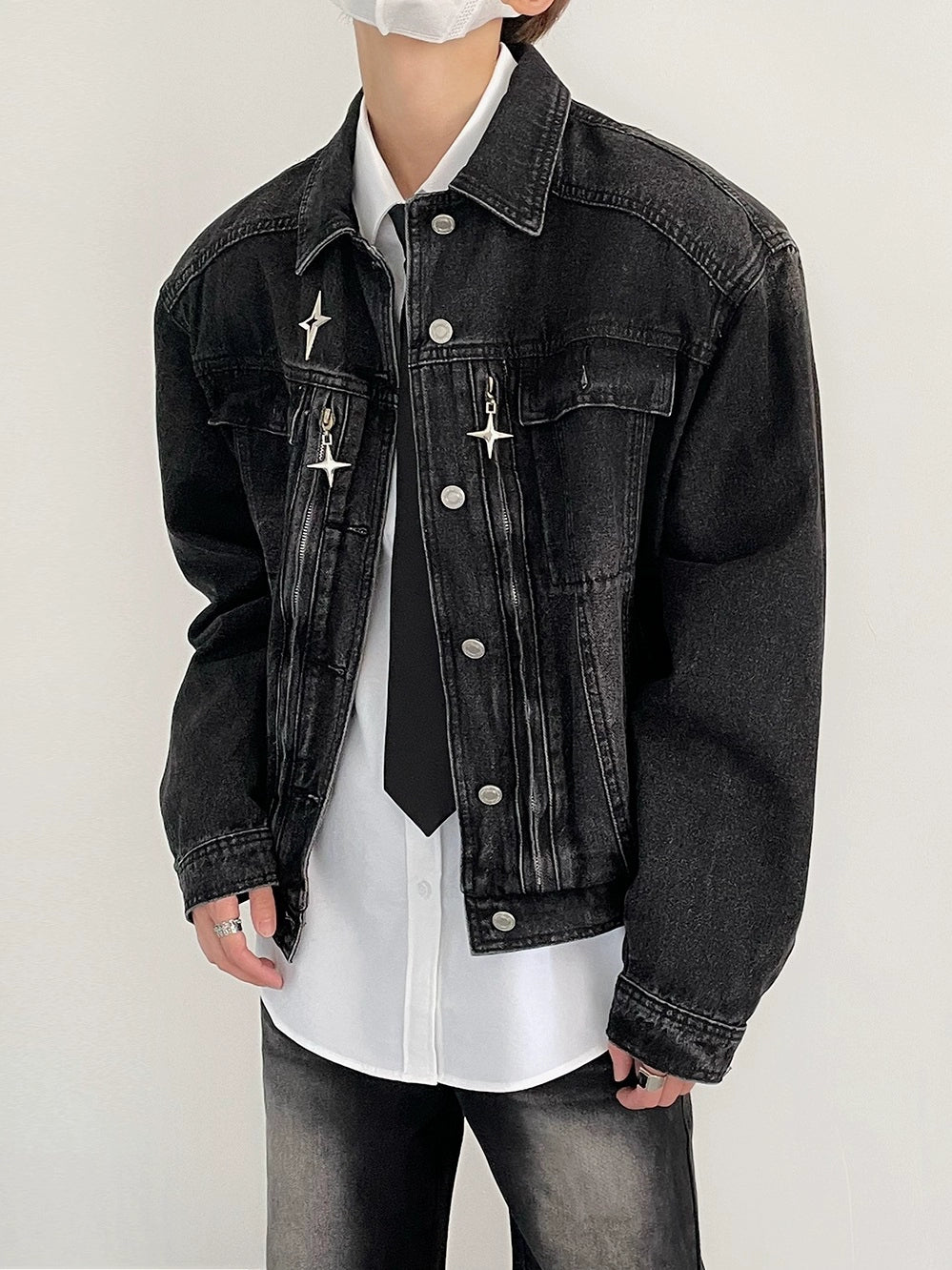 Niche Metal Shoulder Pad Denim Jacket Men's Loose Spring And Autumn Washed Distressed Retro Short Jacket Handsome Trendy Brand