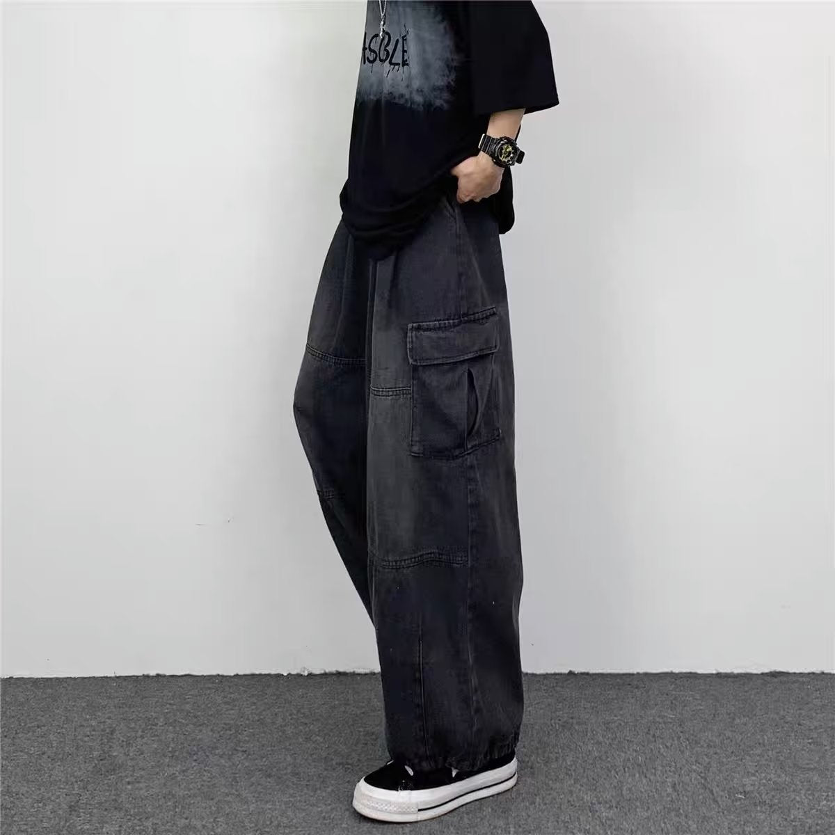 Japanese Style Retro Wide Leg Large Pocket Overalls Men's Spring And Summer New Fashionable Brand Ins Neutral Loose Straight Jeans