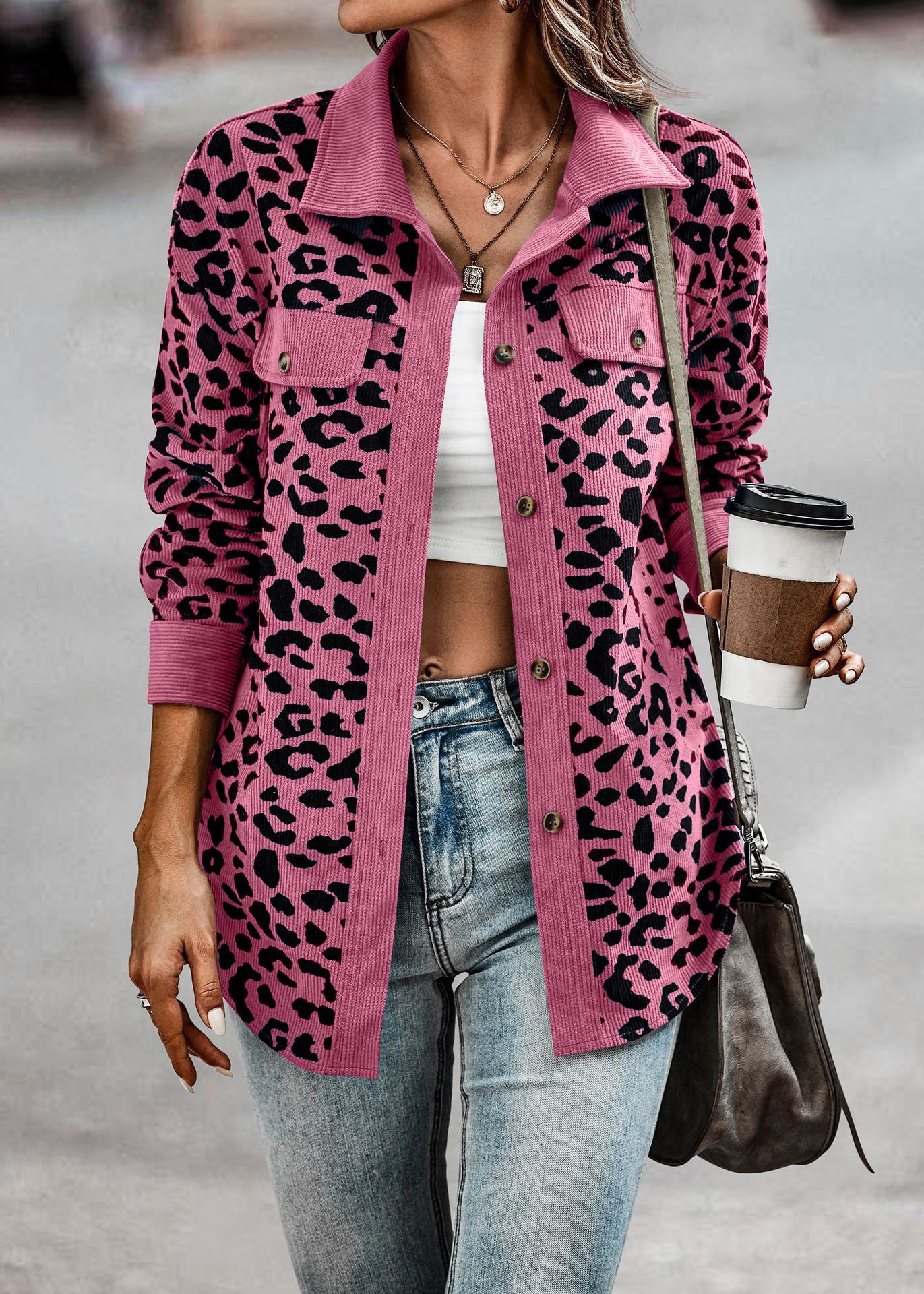 Women's Clothing Autumn And Winter Fashion Leopard Print Button Long-sleeved Jacket Jacket Women