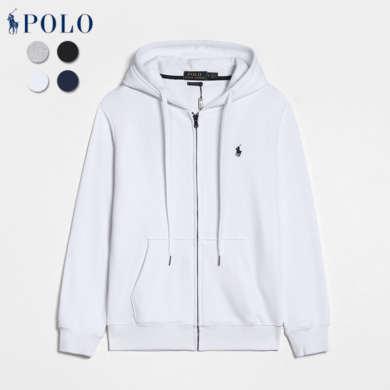Spring And Autumn Paul Long-sleeved Sweatshirt Men's Casual Pure Cotton Pure Color Embroidered Pony Logo Zipper Pullover Cardigan Sweatshirt