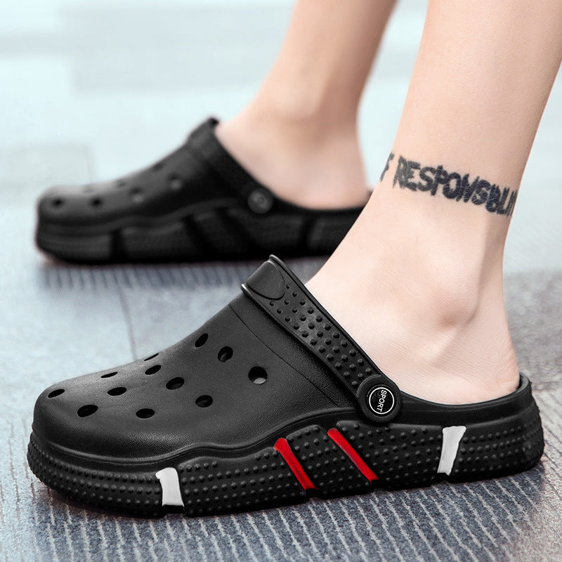 Summer Hole Shoes Men's Trend Non-slip Soft Bottom Hollow Baotou Sandals Outside Wear Thick Bottom Beach Men's Slippers