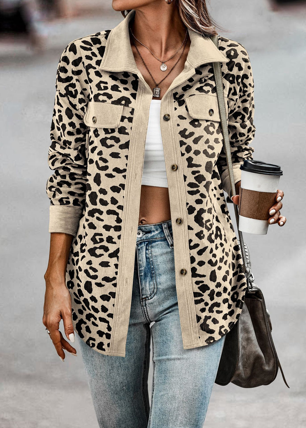 Women's Clothing Autumn And Winter Fashion Leopard Print Button Long-sleeved Jacket Jacket Women