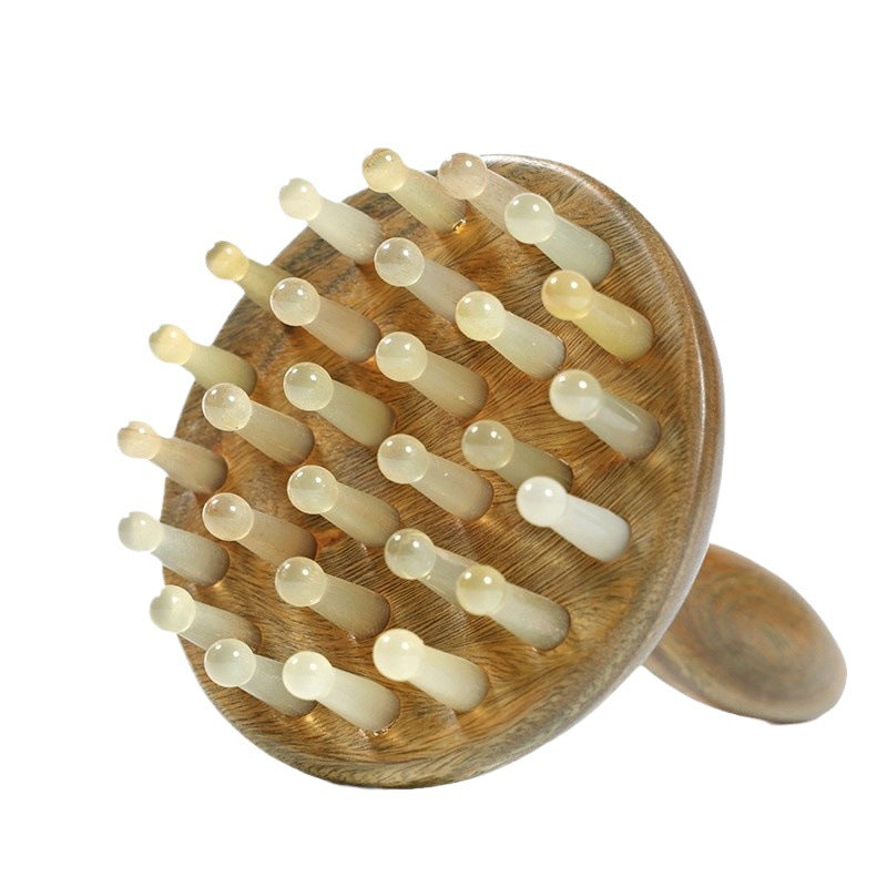Green Sandalwood Long-Handled Massage Comb With Horn Teeth, Ring Comb, Scalp Massage, Head And Abdomen Meridian Brush, Scraping Massage Tool