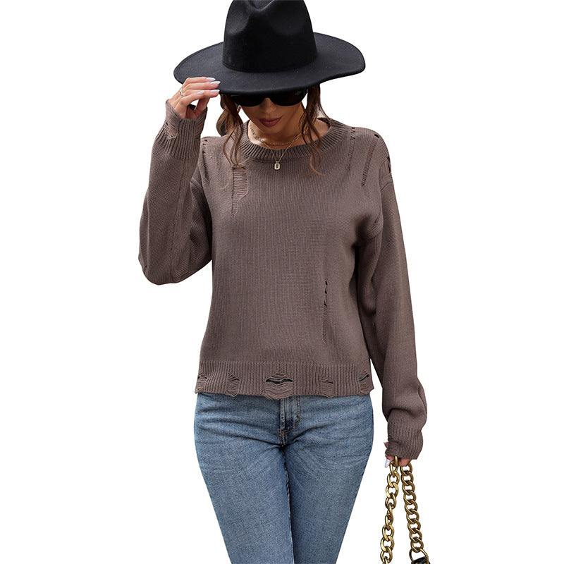 Autumn New Fashion Women's European And American Solid Color Hollow Sweater