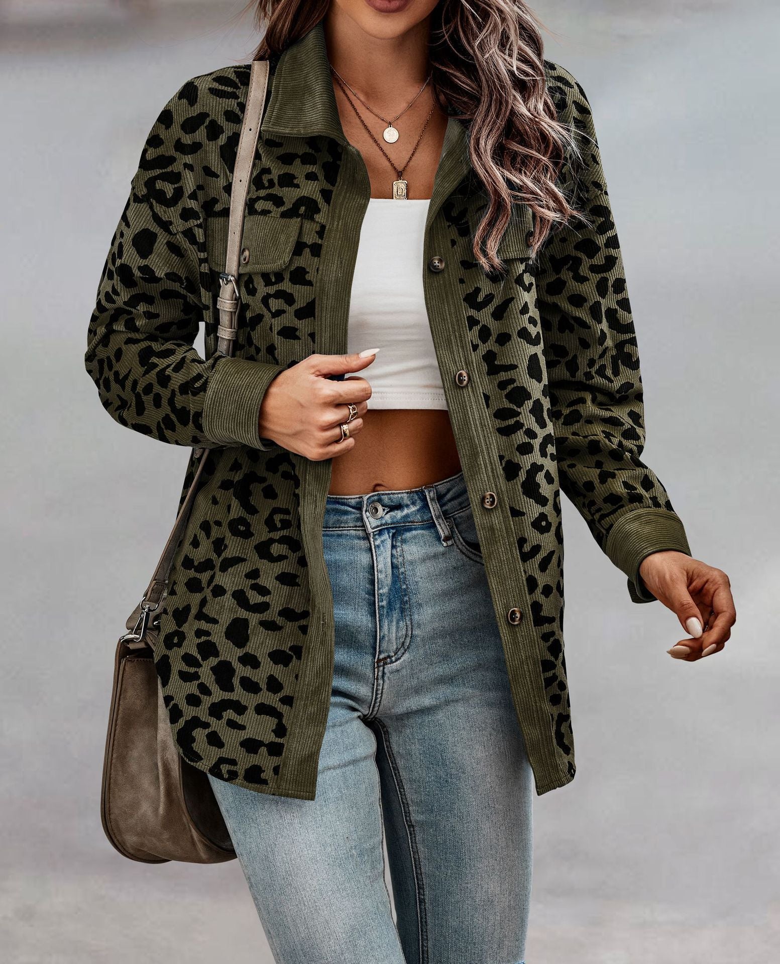 Women's Clothing Autumn And Winter Fashion Leopard Print Button Long-sleeved Jacket Jacket Women
