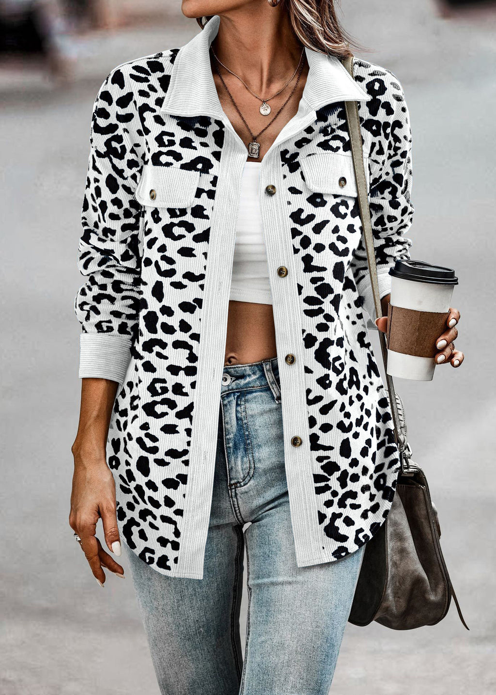 Women's Clothing Autumn And Winter Fashion Leopard Print Button Long-sleeved Jacket Jacket Women