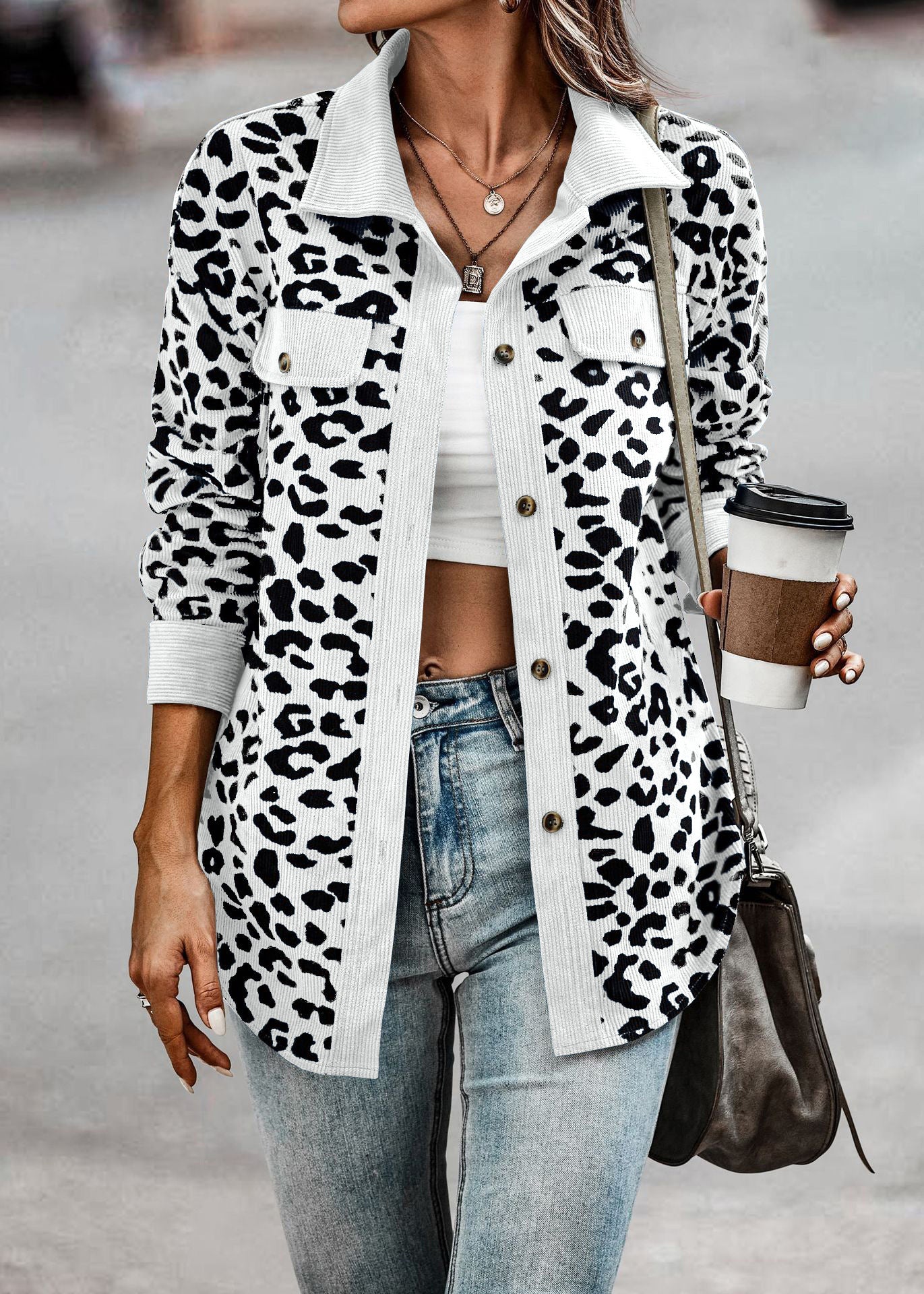 Women's Clothing Autumn And Winter Fashion Leopard Print Button Long-sleeved Jacket Jacket Women