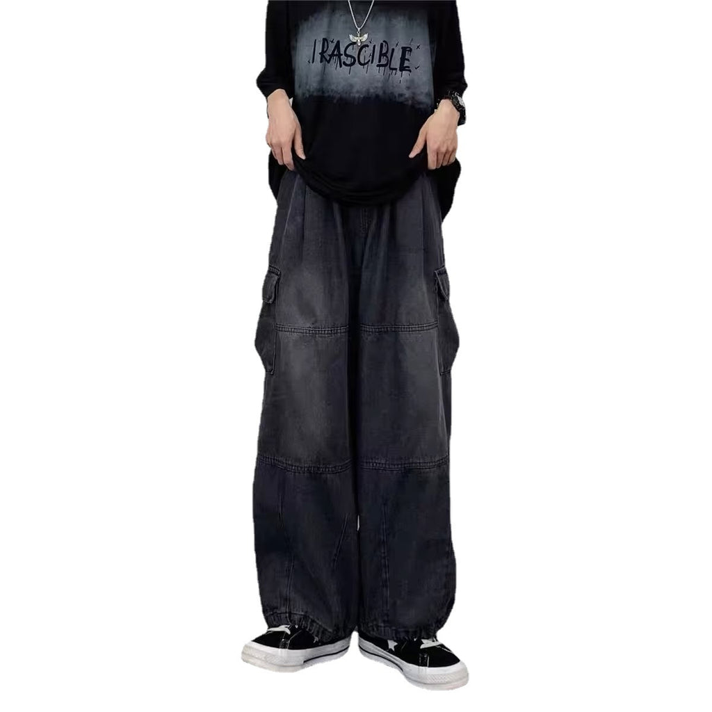 Japanese Style Retro Wide Leg Large Pocket Overalls Men's Spring And Summer New Fashionable Brand Ins Neutral Loose Straight Jeans