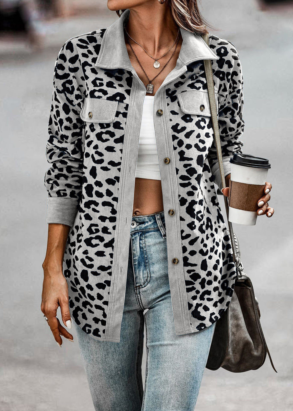 Women's Clothing Autumn And Winter Fashion Leopard Print Button Long-sleeved Jacket Jacket Women