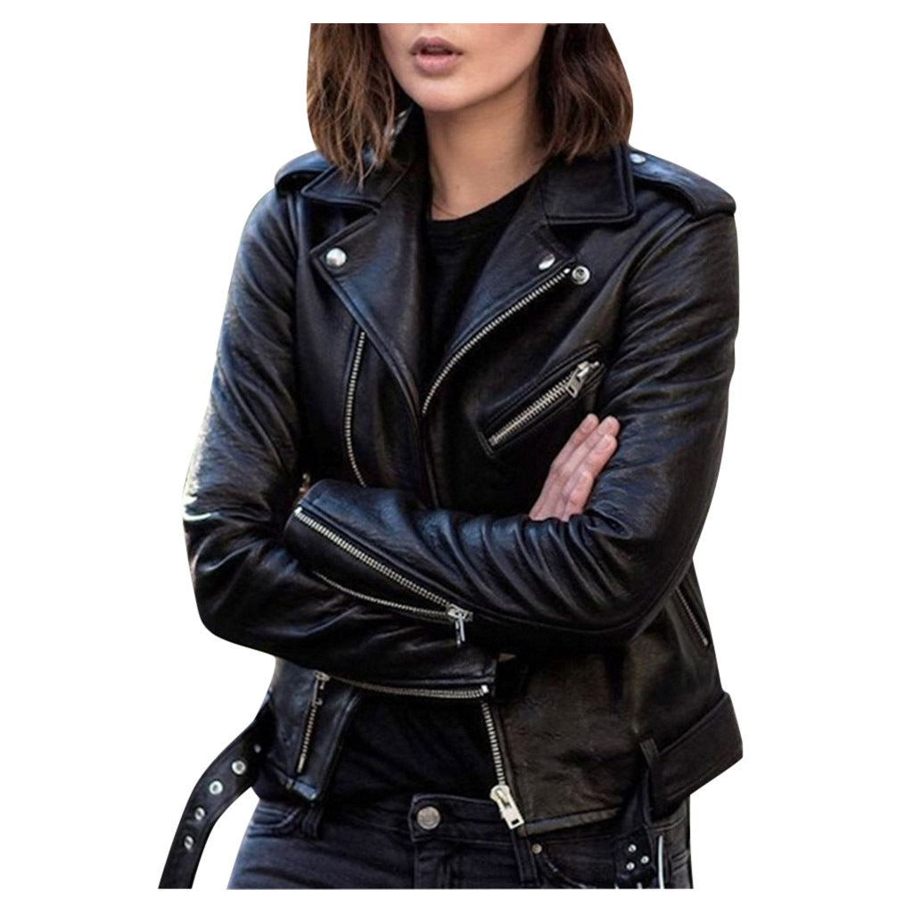 Cross-border Spring And Autumn Plus Size Women's Short Women's Leather Jacket European And American PU Motorcycle Wear Slim Winter Clothes Wallet Overcome