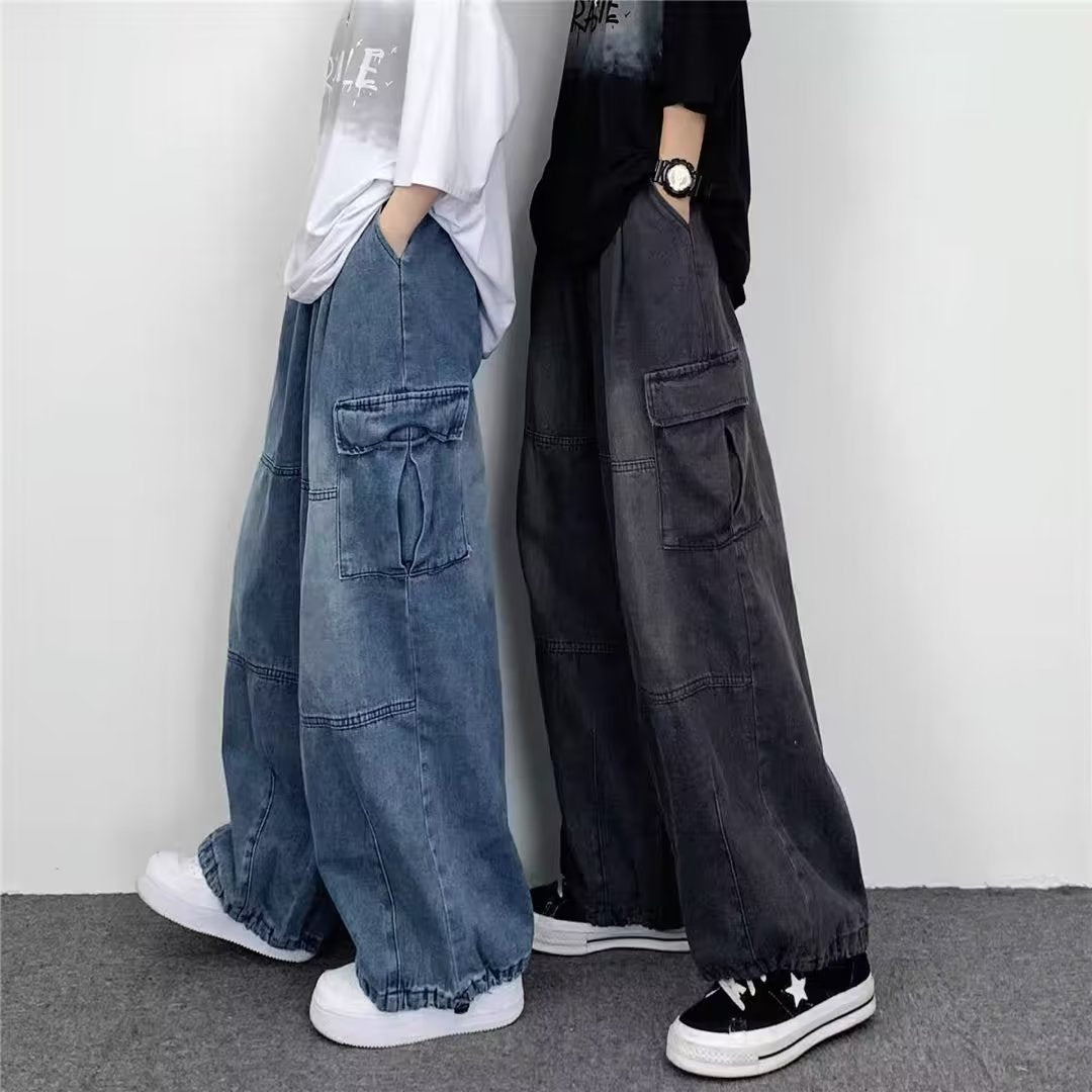 Japanese Style Retro Wide Leg Large Pocket Overalls Men's Spring And Summer New Fashionable Brand Ins Neutral Loose Straight Jeans