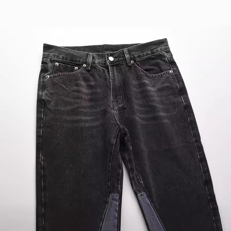 Men's Washed Vibe Style Loose Splicing Micro-Flared Trouser Leg Jeans Jeans