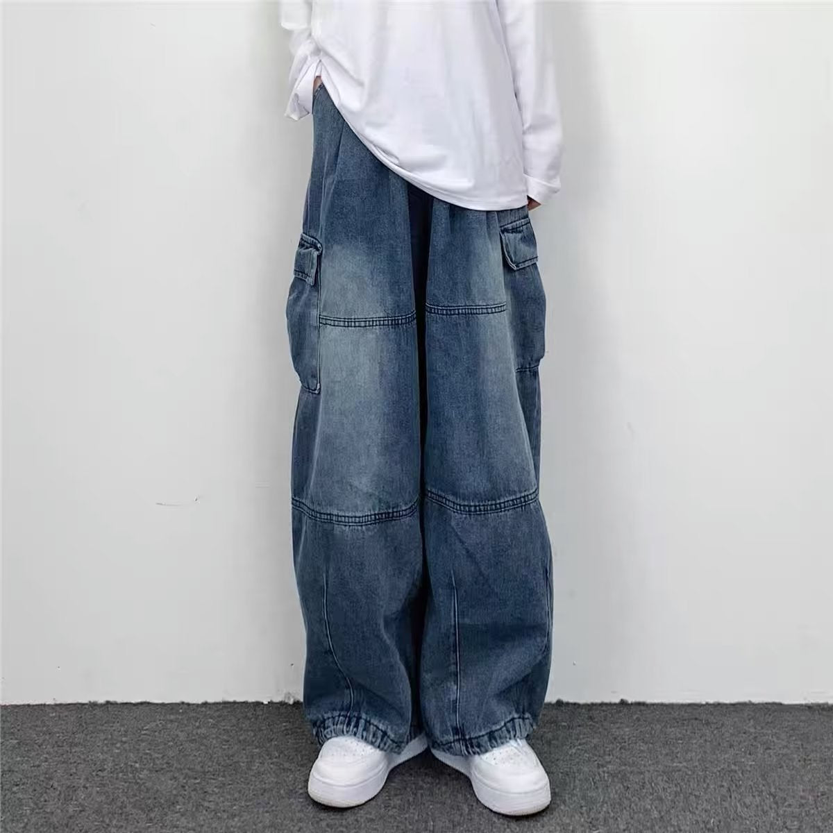 Japanese Style Retro Wide Leg Large Pocket Overalls Men's Spring And Summer New Fashionable Brand Ins Neutral Loose Straight Jeans