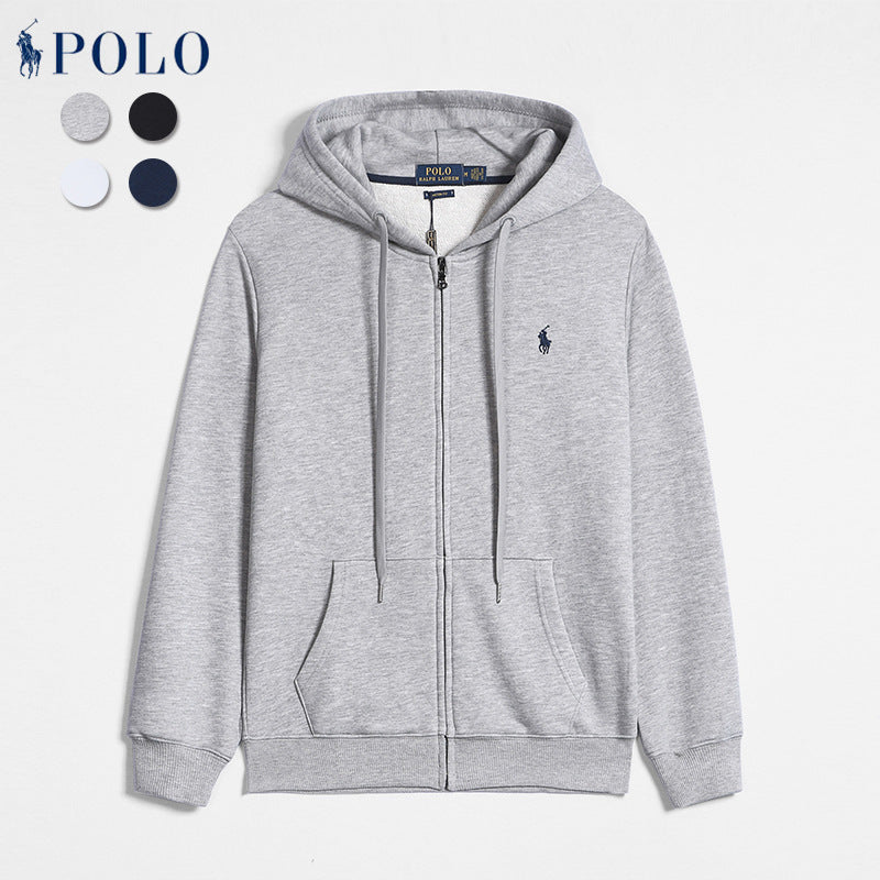 Spring And Autumn Paul Long-sleeved Sweatshirt Men's Casual Pure Cotton Pure Color Embroidered Pony Logo Zipper Pullover Cardigan Sweatshirt
