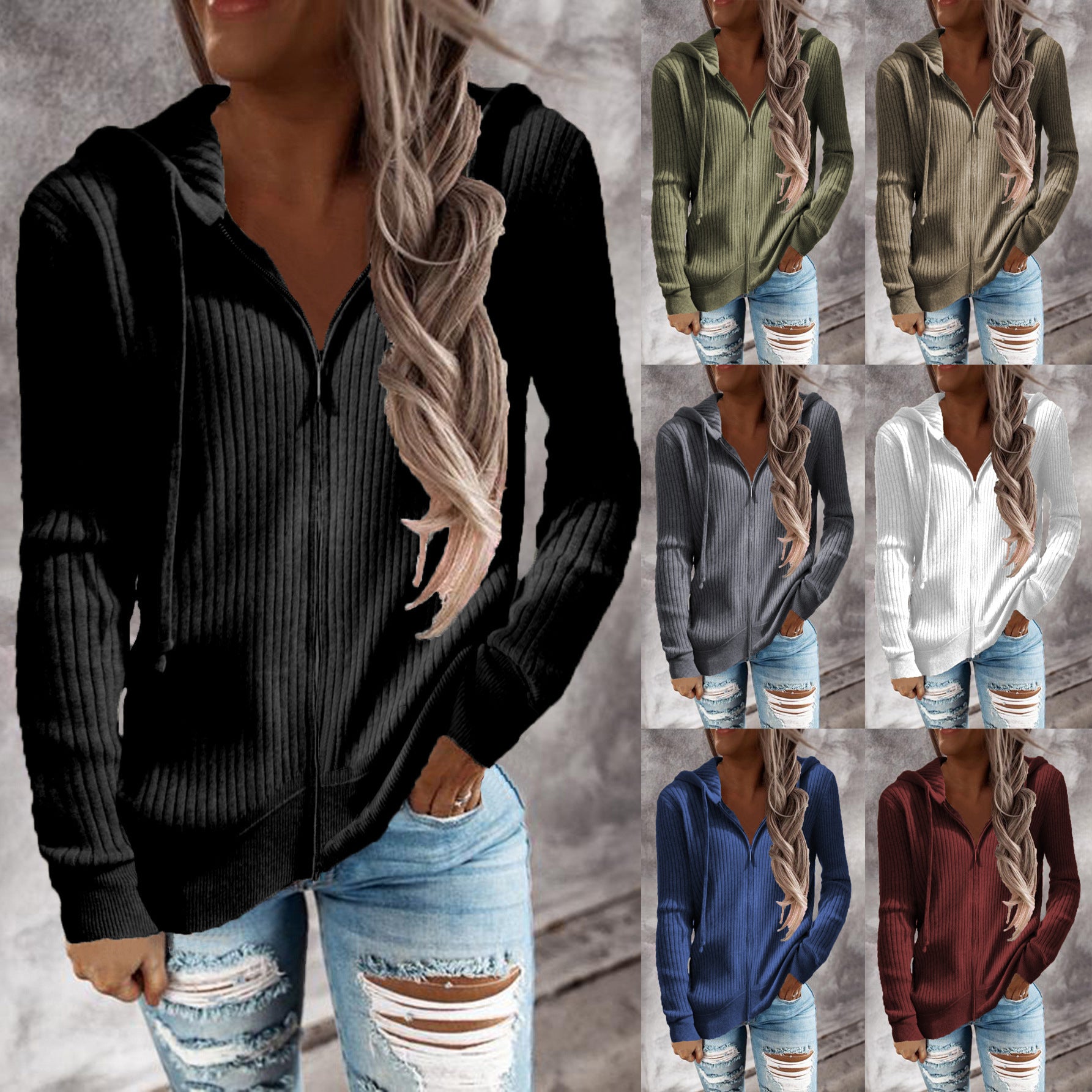 European And American Cross-border Autumn And Winter New Solid Color Casual Sweatshirt Loose Knitted Sweater Zipper Cardigan Long-sleeved Hooded Sweater For Women