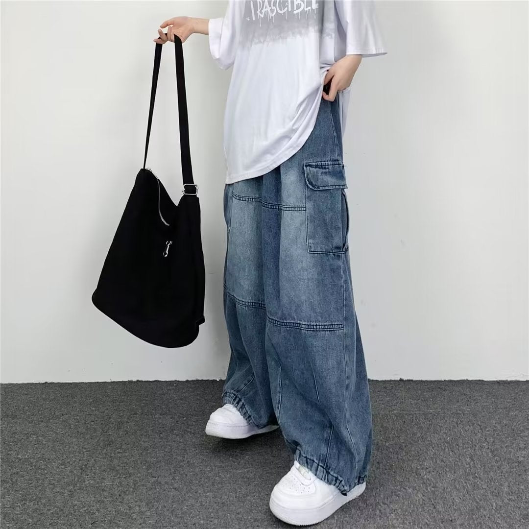 Japanese Style Retro Wide Leg Large Pocket Overalls Men's Spring And Summer New Fashionable Brand Ins Neutral Loose Straight Jeans