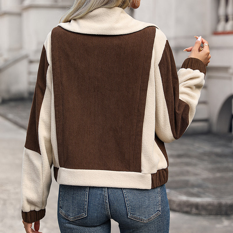 Pocket Cardigan European And American Clothing Autumn And Winter New Polar Fleece Zipper Contrasting Color Jacket