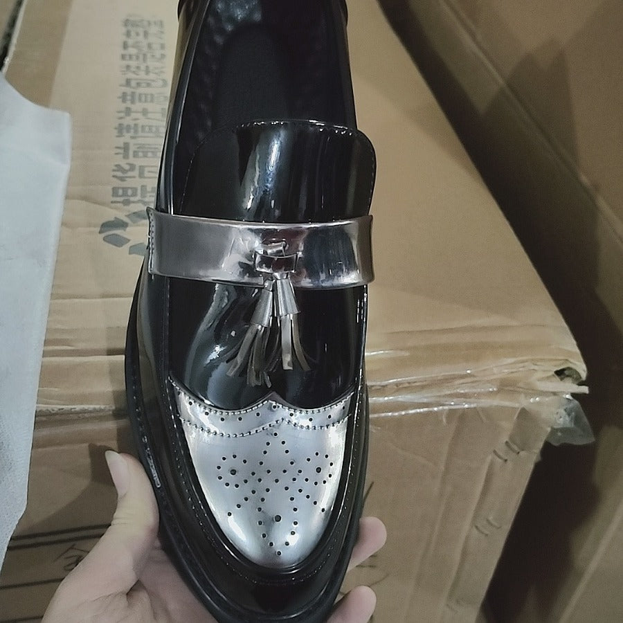 Men's Size 45 Fashionable British Style Casual Leather Shoes Increased Height Slip-On Super Fiber Round Toe Low Heel Rubber Sole