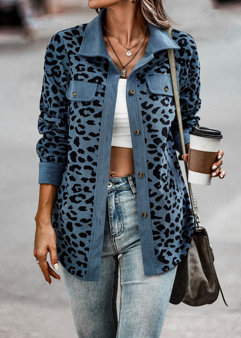 Women's Clothing Autumn And Winter Fashion Leopard Print Button Long-sleeved Jacket Jacket Women