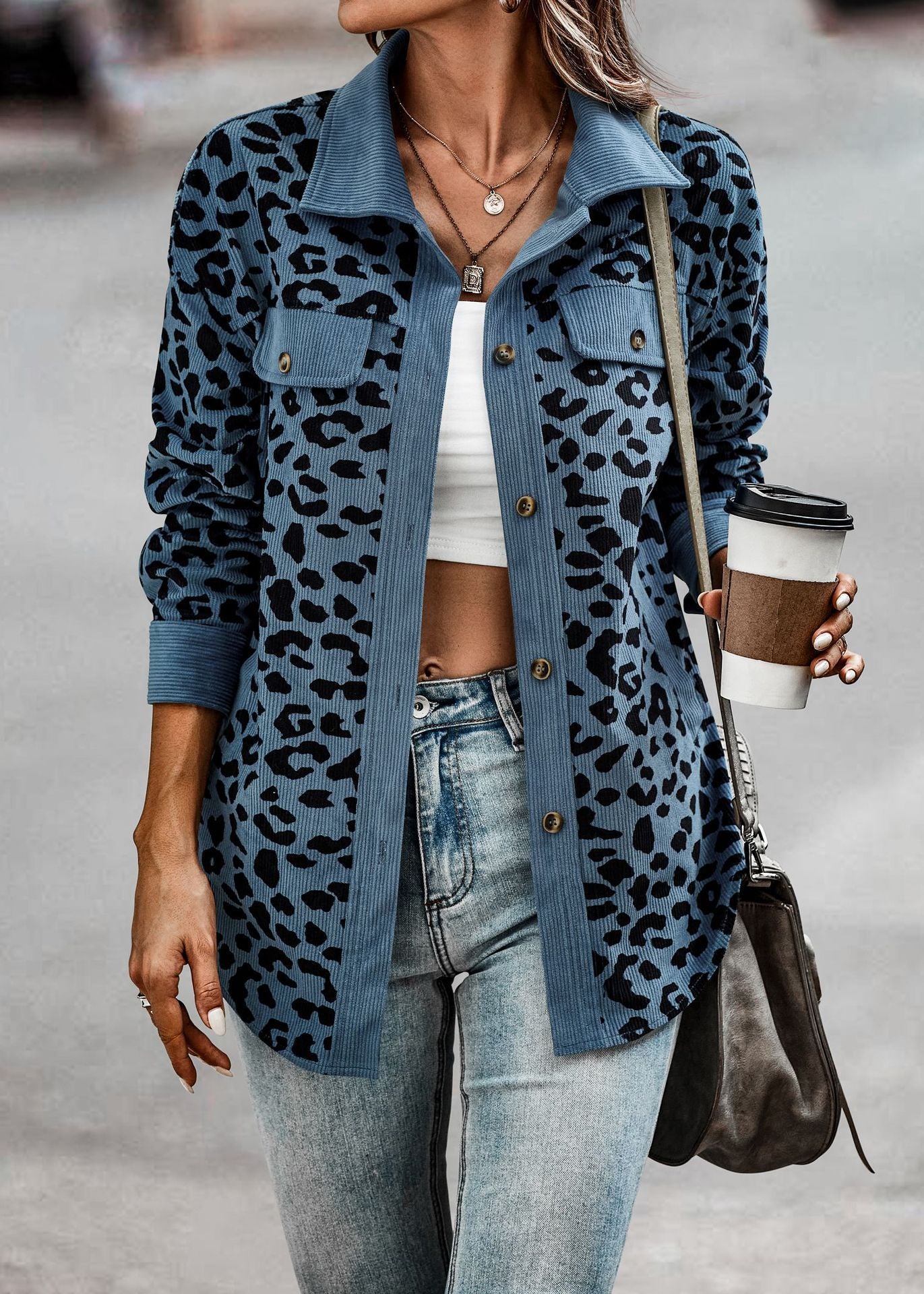 Women's Clothing Autumn And Winter Fashion Leopard Print Button Long-sleeved Jacket Jacket Women