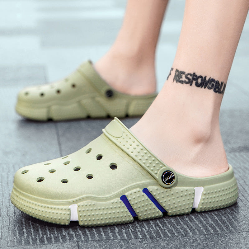 Summer Hole Shoes Men's Trend Non-slip Soft Bottom Hollow Baotou Sandals Outside Wear Thick Bottom Beach Men's Slippers