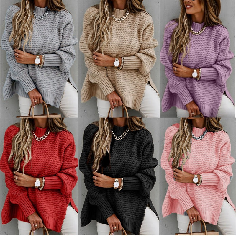 Half-high Collar Loose Solid Color Long-sleeved Thick Needle Side Slit Knitted Sweater Women
