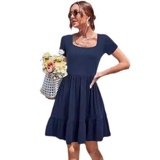 Women's Summer Dresses Short Sleeve Square Neck Dress Casual Beach Vacation A-Line Pleated Tank Top