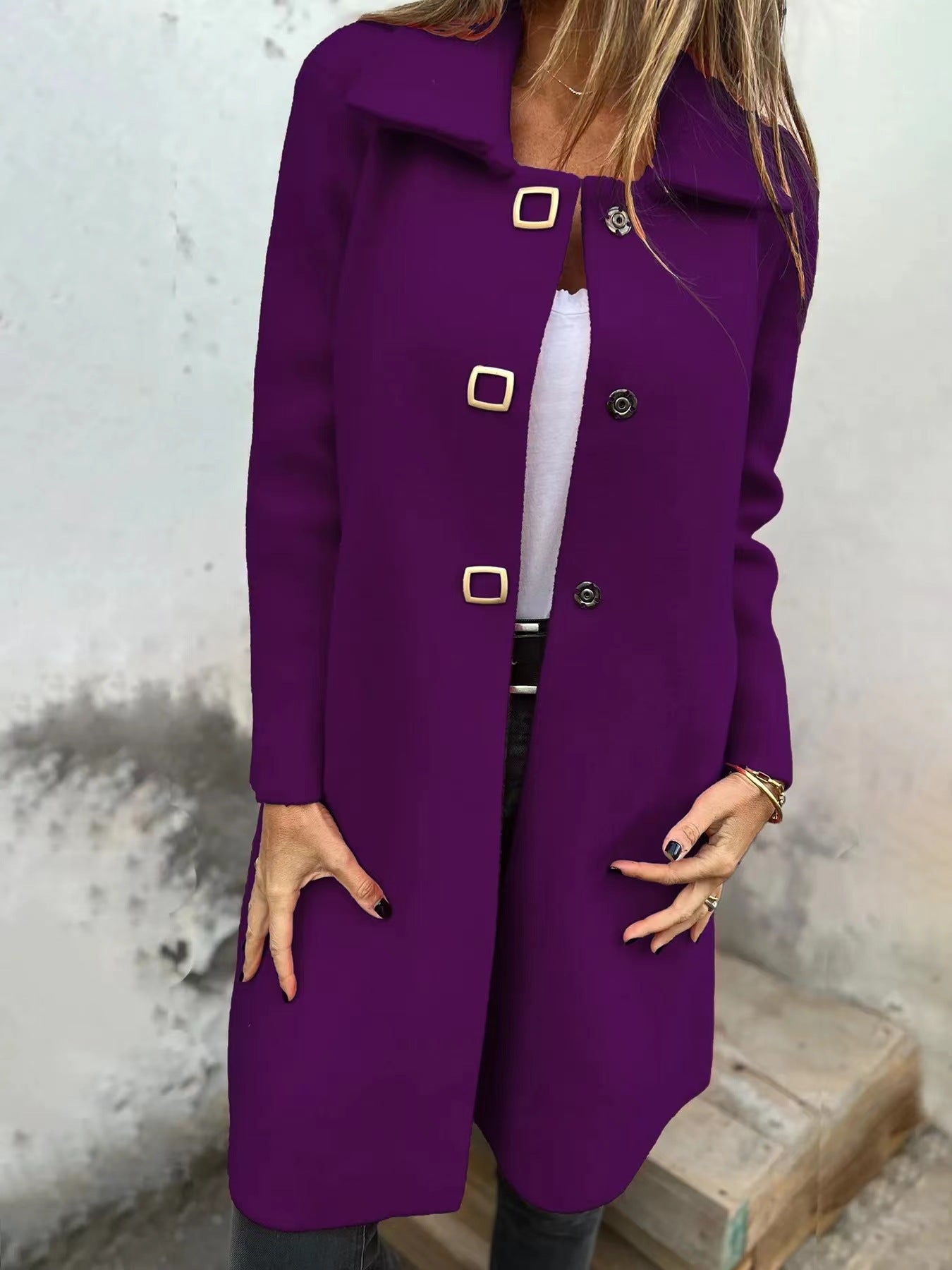 Women's Solid-color Mid-length Wool Coat With A Single-breasted Design