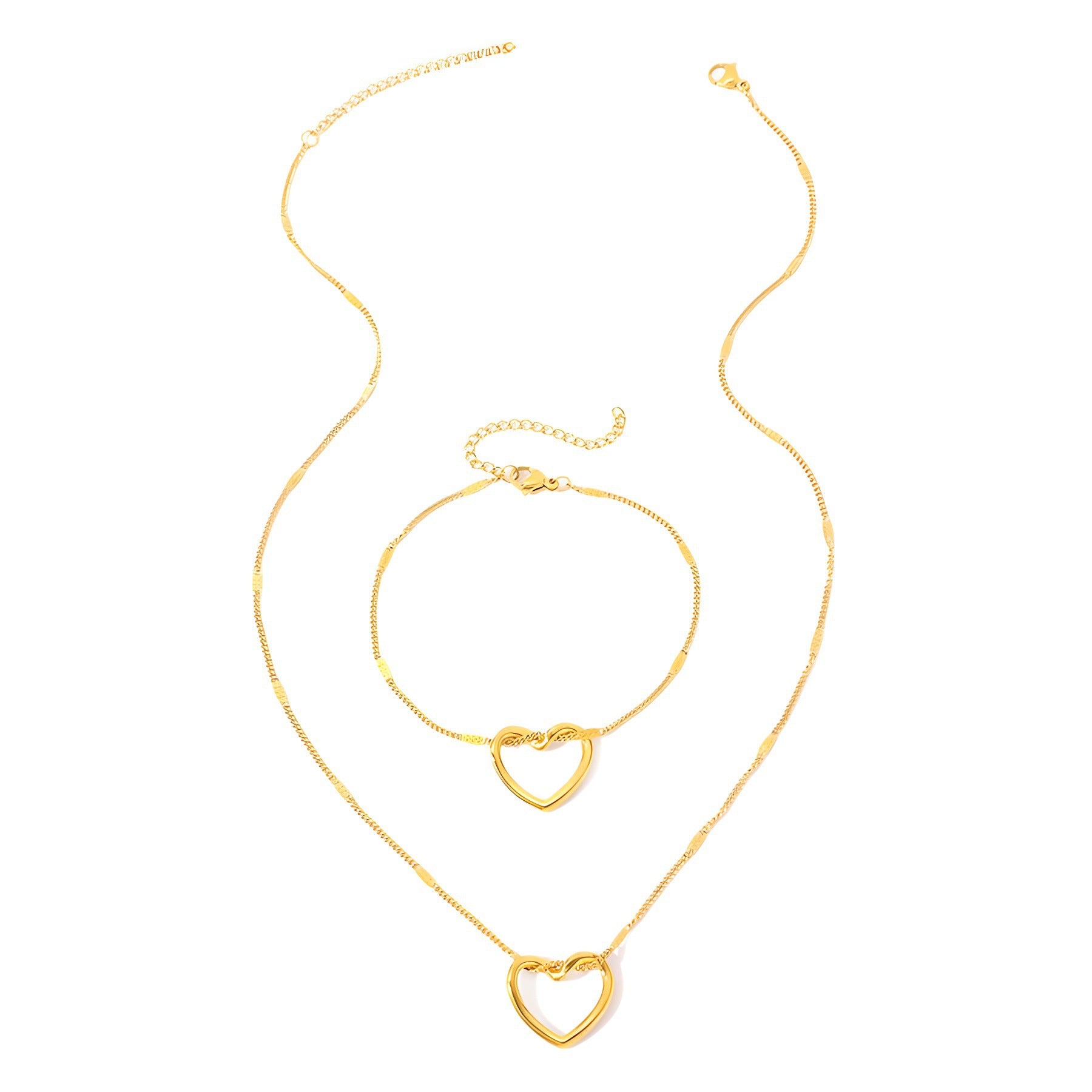 Stainless Steel Hollow Heart Necklace And Bracelet Set