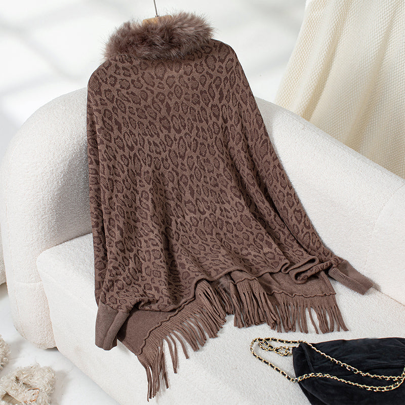 Women's Leopard Poncho With Faux Fur Collar - Fringe Hem Long Sleeve Open Front Cardigan Coat
